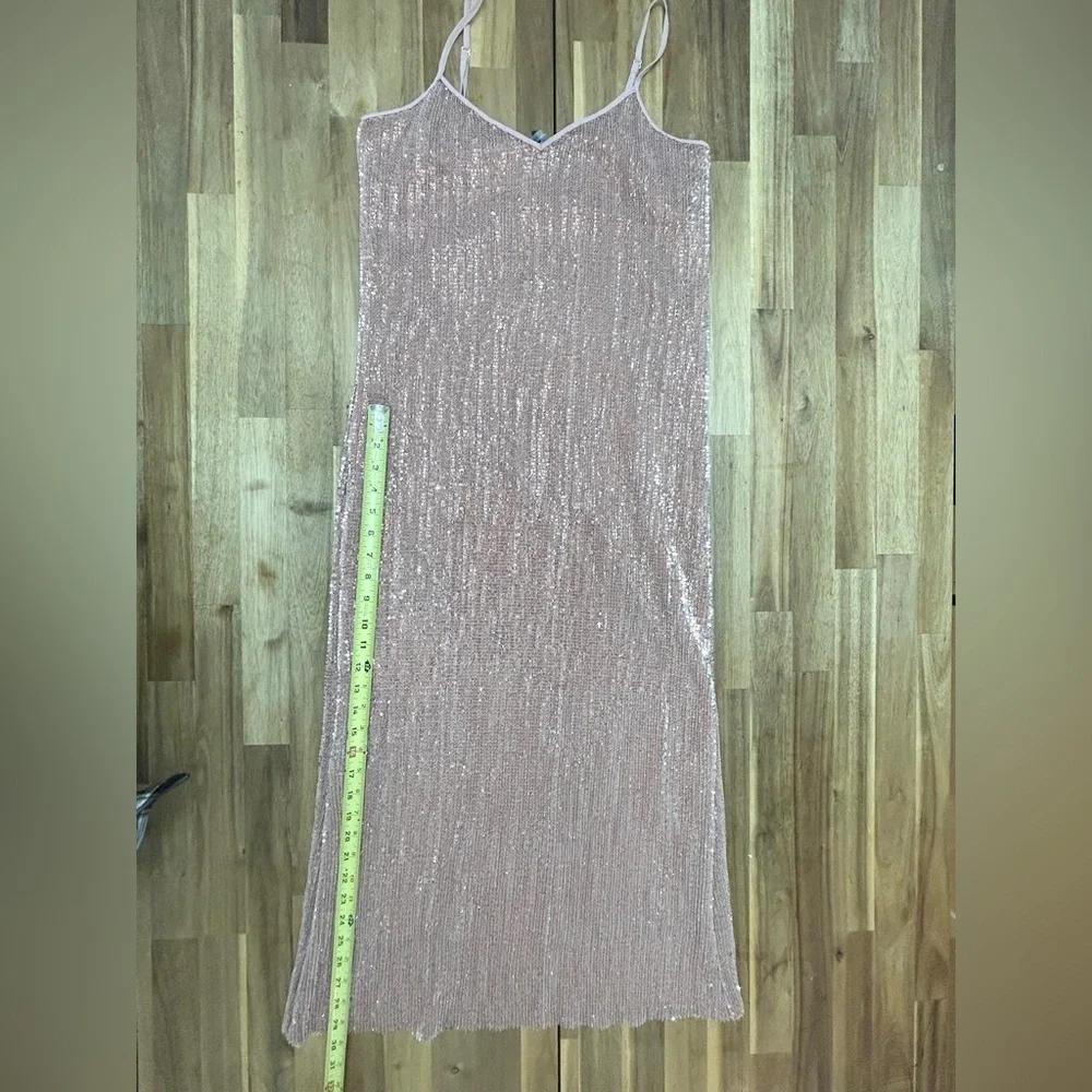 1. STATE Dramatic Pause Lustre Sequin Midi Slip Dress Pink Rose Gold Nude Sz Sm
